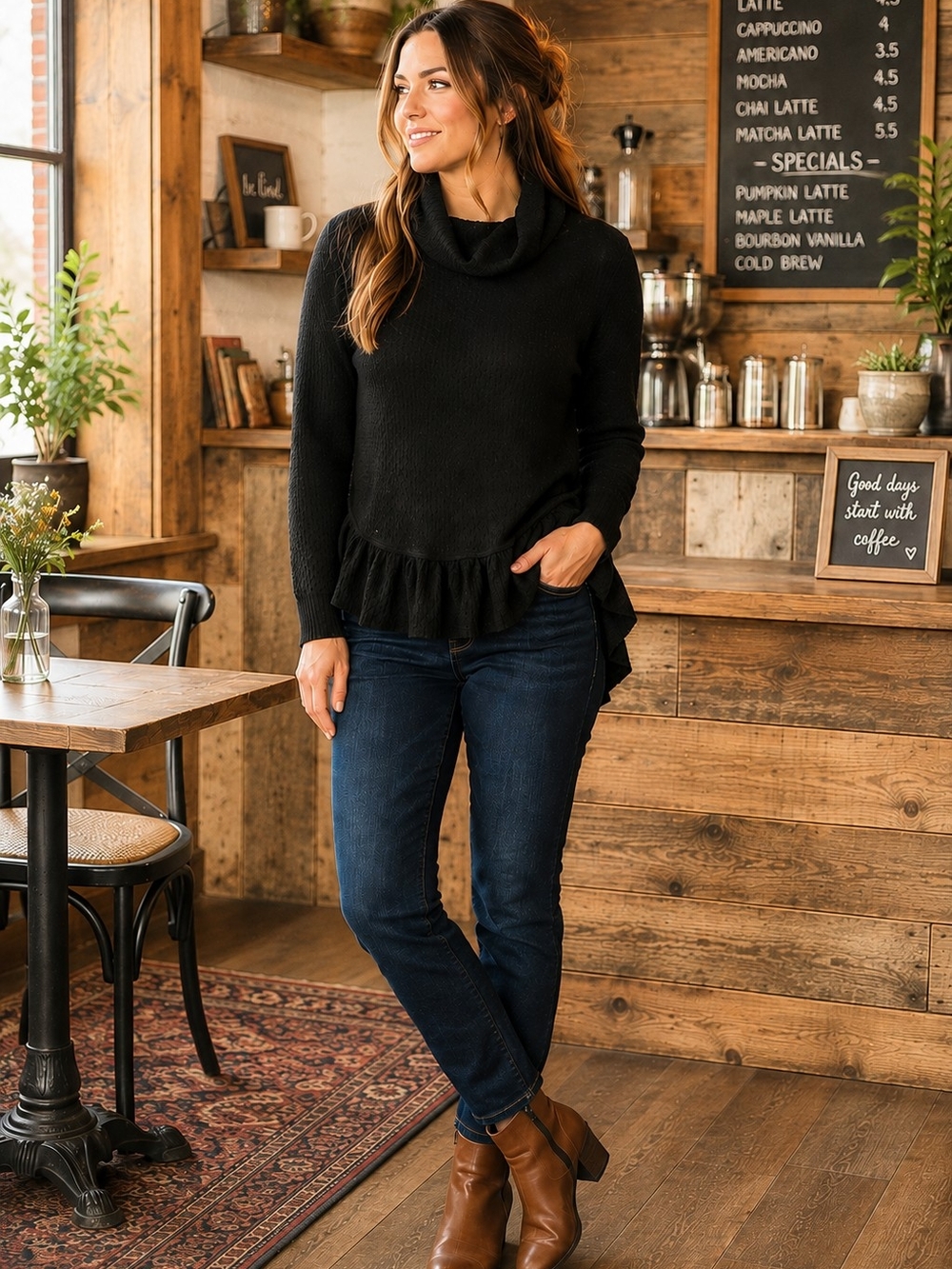 Maeve Anthropologie Black Cowl Neck Ruffle Hem Sweater Women’s XS